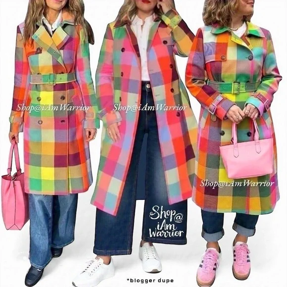 Rainbow checkered NWT double breasted belted trench coat *shop@iamwarrior - Picture 5 of 16